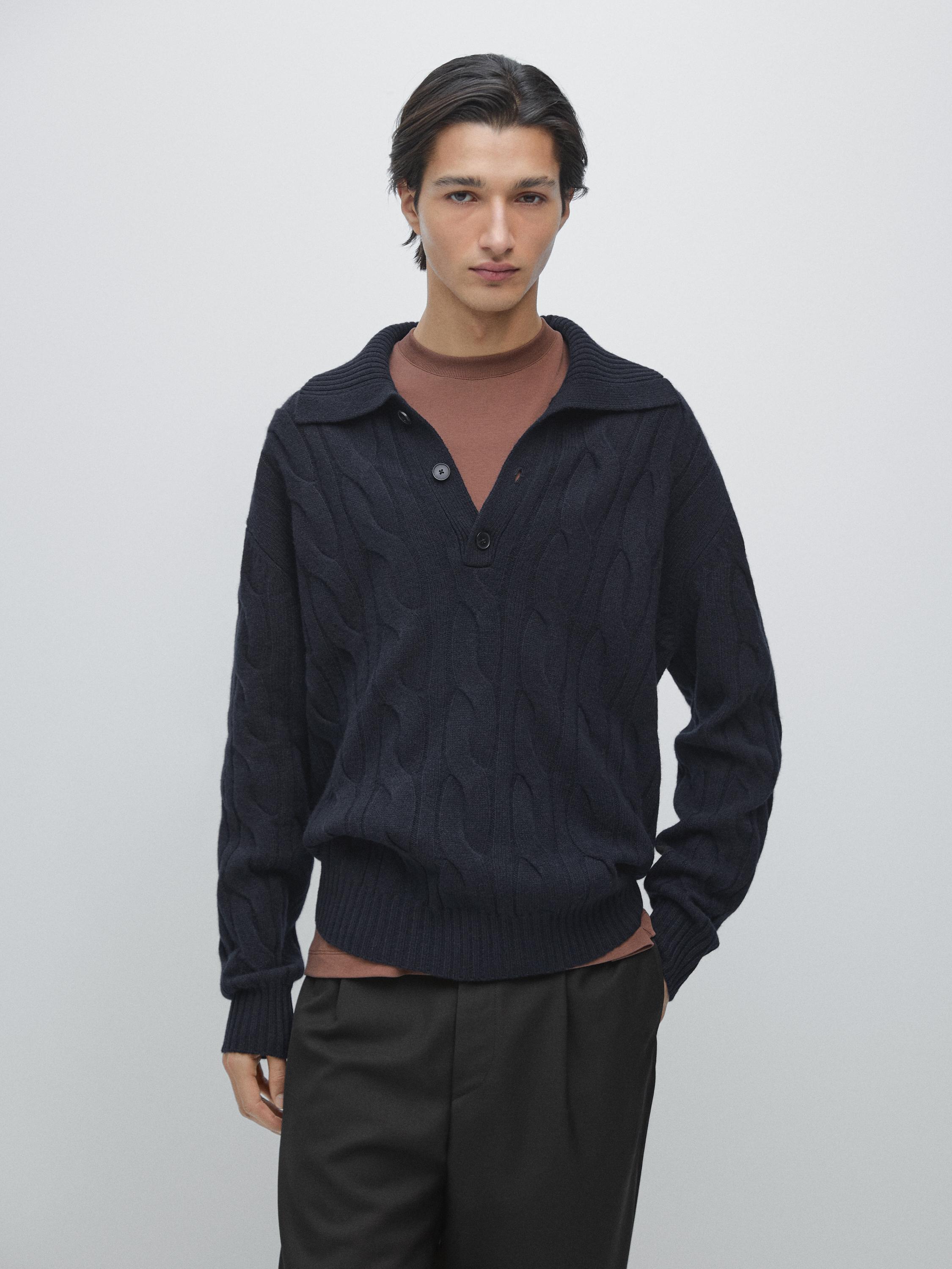 Wool cable-knit polo sweater